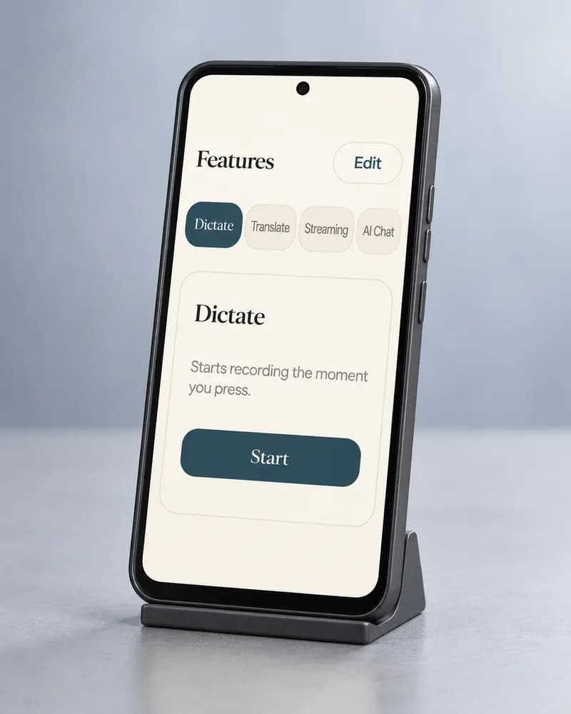Vavus handheld device on a stand, with the Vavus AI app open.