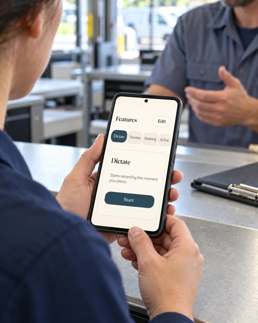 A worker holds a Vavus AI handheld at a workshop counter while a colleague explains a job.