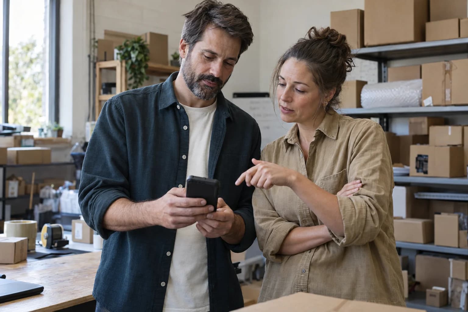 Two colleagues reviewing a mobile device together at work