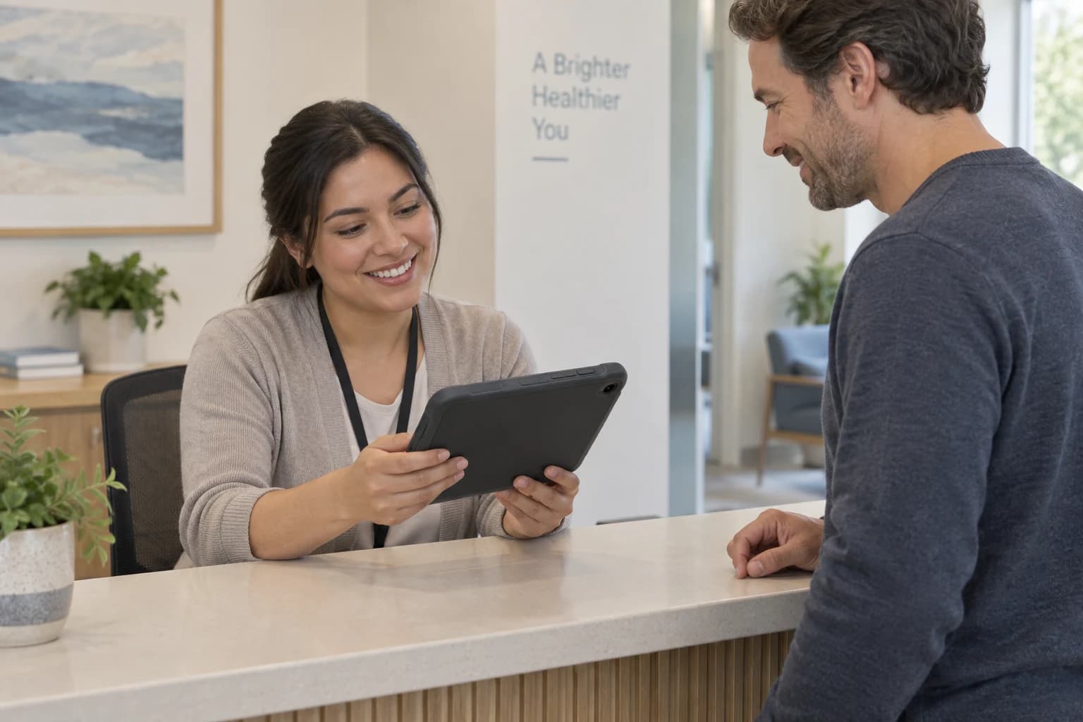 AI-generated illustration of a tablet being used for assistance at clinic reception