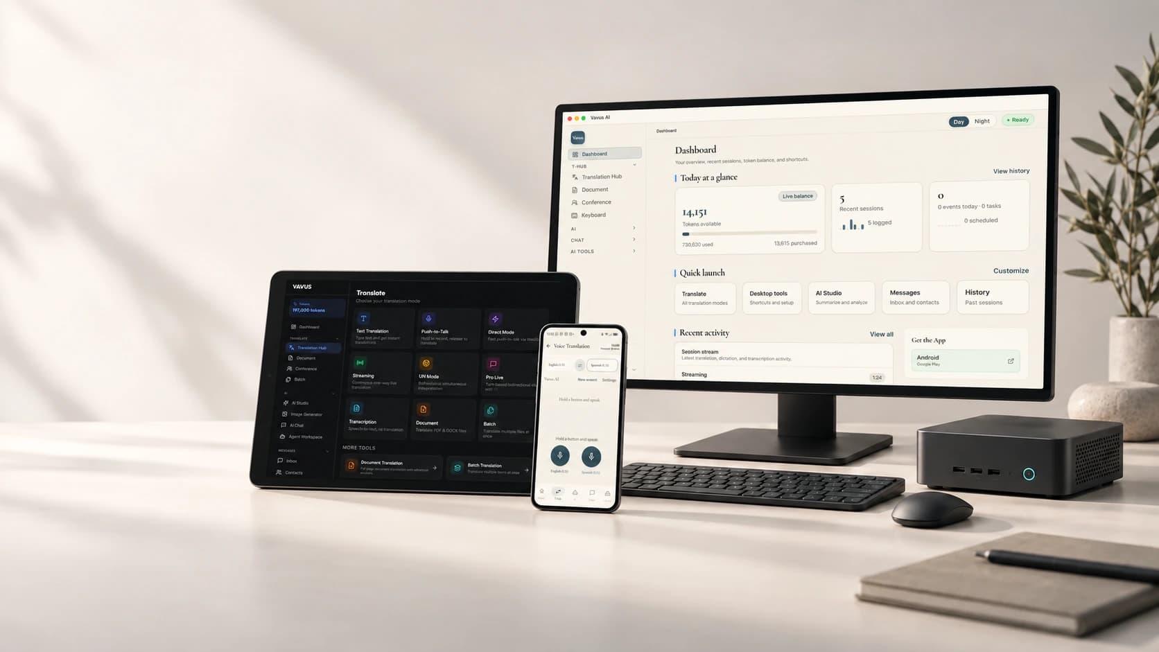 Device concept with the Vavus AI dashboard on a monitor, Translation Hub on a tablet and Voice Translation on a phone