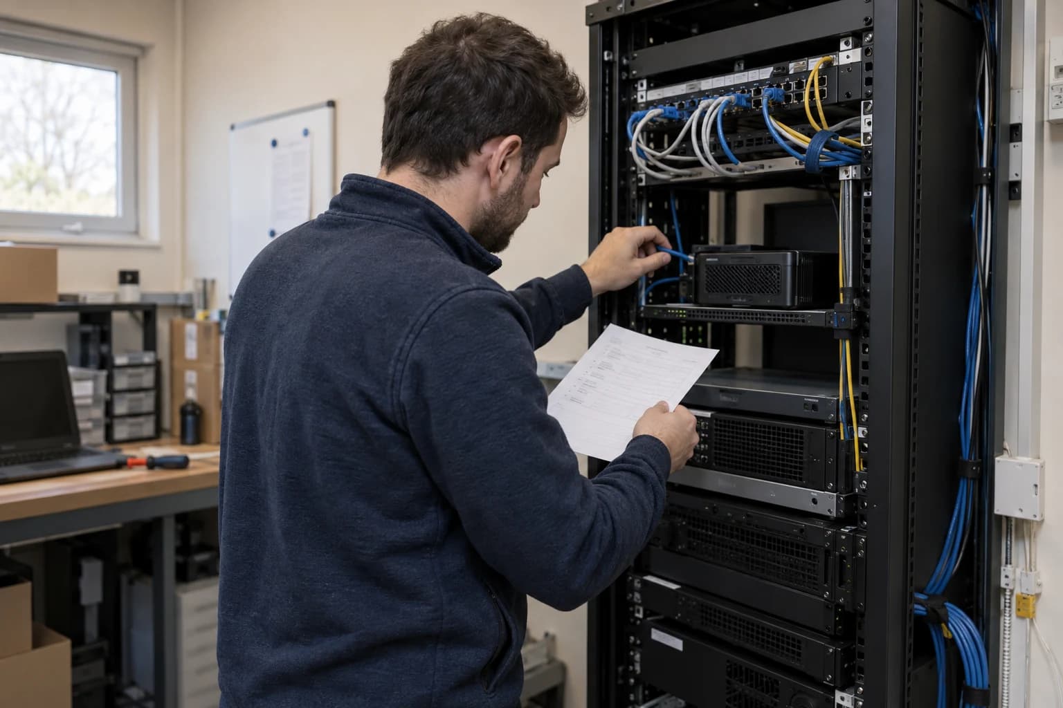 Technician checking a compact server and network connections