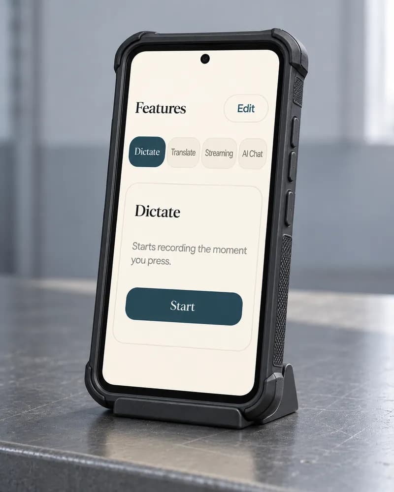 Rugged Vavus handheld on a stand in a workshop, with the Vavus AI app open.