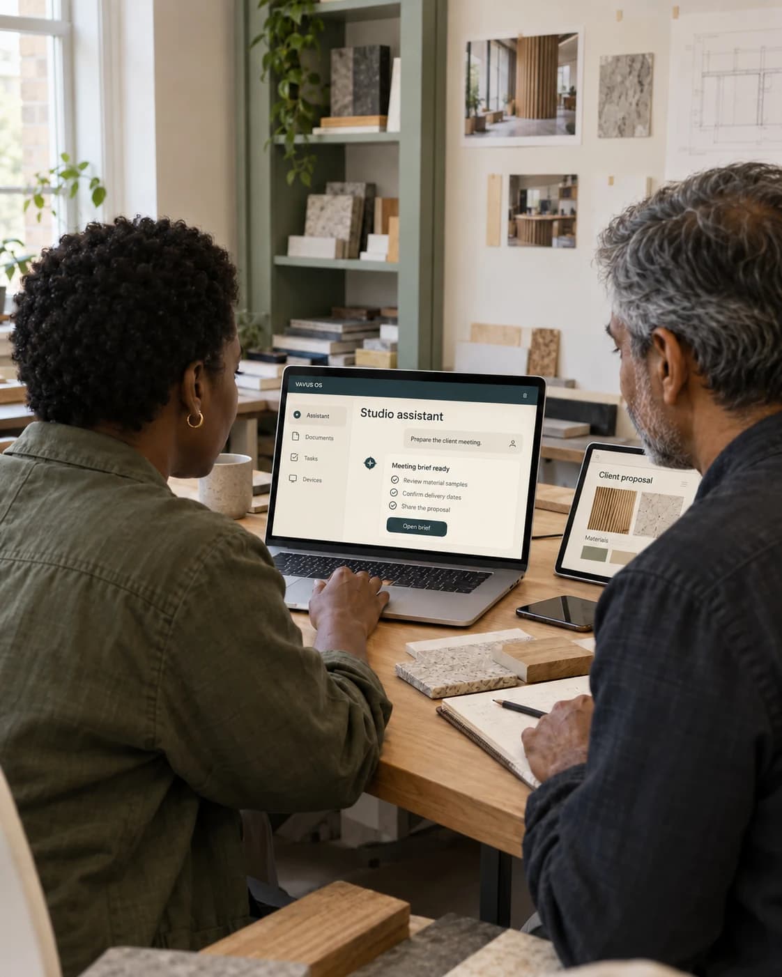 Two colleagues review a meeting brief on a Vavus OS laptop and a client proposal on a tablet.
