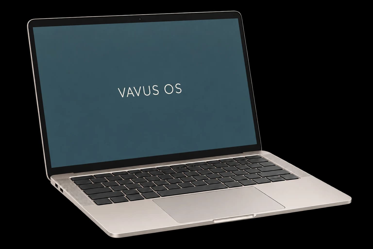 An example silver business laptop with cream VAVUS OS lettering on its green screen.