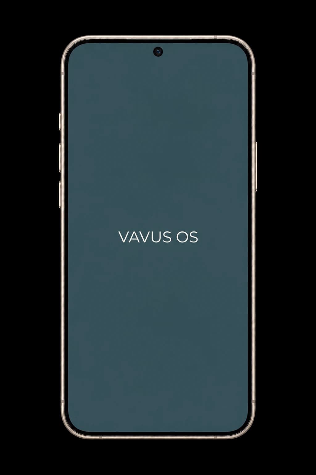 An example front-facing Vavus phone with cream VAVUS OS lettering on its green screen.